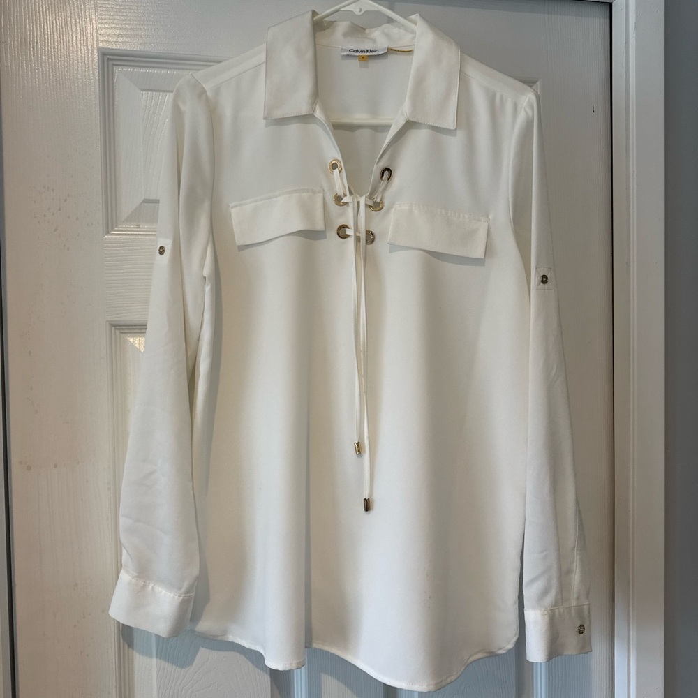 Calvin Klein White Long Sleeve Tie Front Blouse
